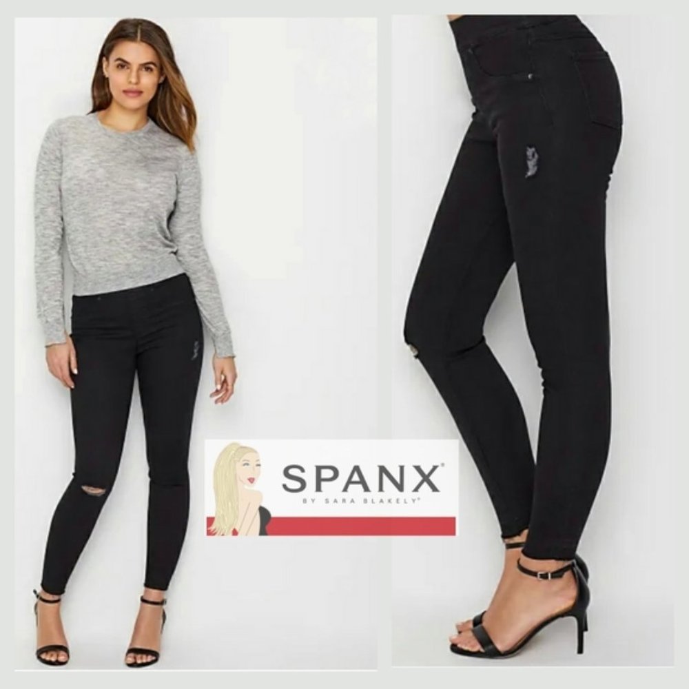 SPANX Vintage Black Distressed Pull On Skinny Jeans Size Petite Large